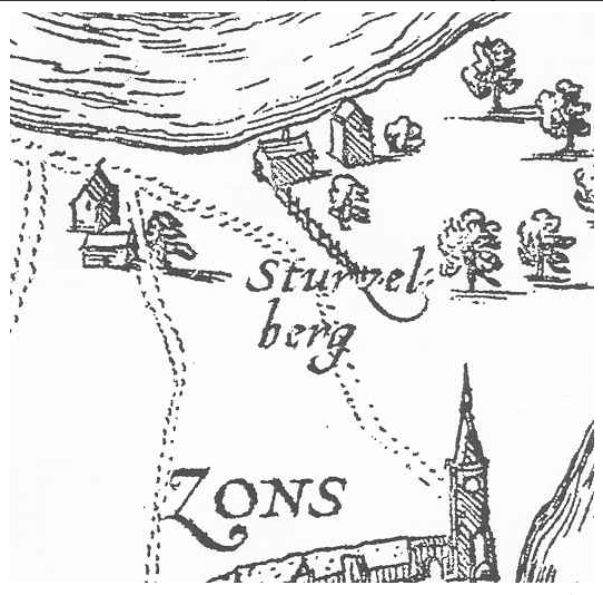 Kupferstich von Franz Hogenberg aus dem Jahr 1586: „Sturmelberg“ am Rhein, darunter die Stadt Zons