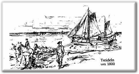Zeitgenössische Darstellung: Pferde ziehen um 1800 ein Segelschiff am Leinpfad den Rhein hinauf